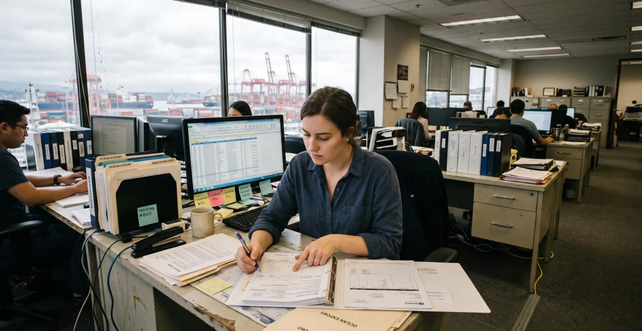 A junior logistics coordinator in a Vancouver freight office compares a bill of lading with a commercial invoice at a cluttered desk.