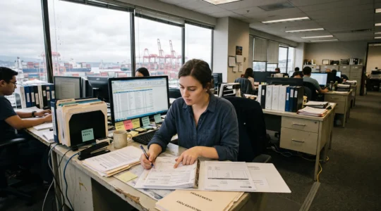 A junior logistics coordinator in a Vancouver freight office compares a bill of lading with a commercial invoice at a cluttered desk.
