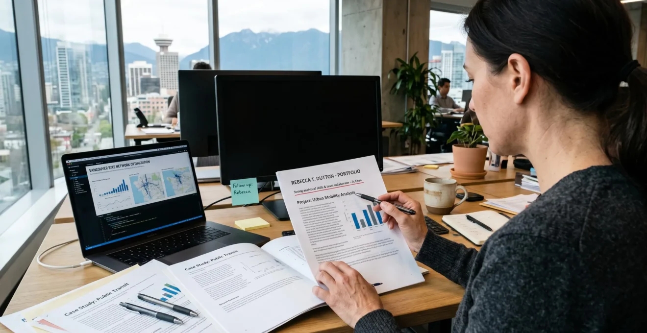 A hiring manager in a Vancouver office skims a printed analytics portfolio, pen in hand, stopping on a written recommendation at the top of a project page.