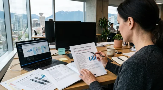 A hiring manager in a Vancouver office skims a printed analytics portfolio, pen in hand, stopping on a written recommendation at the top of a project page.