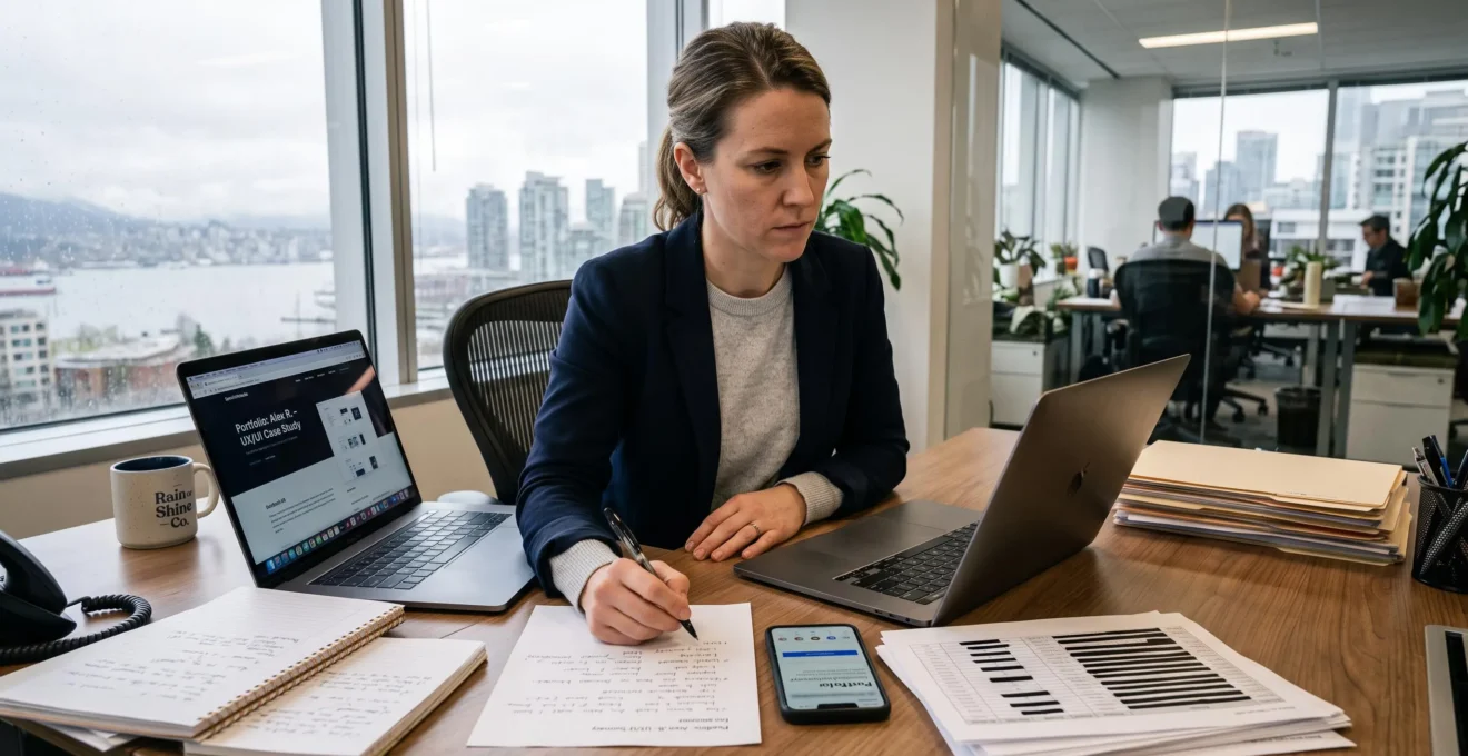 A hiring manager in a Vancouver office reviews a candidate's online portfolio on a laptop while taking notes on a printed summary.