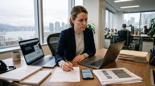 A hiring manager in a Vancouver office reviews a candidate's online portfolio on a laptop while taking notes on a printed summary.
