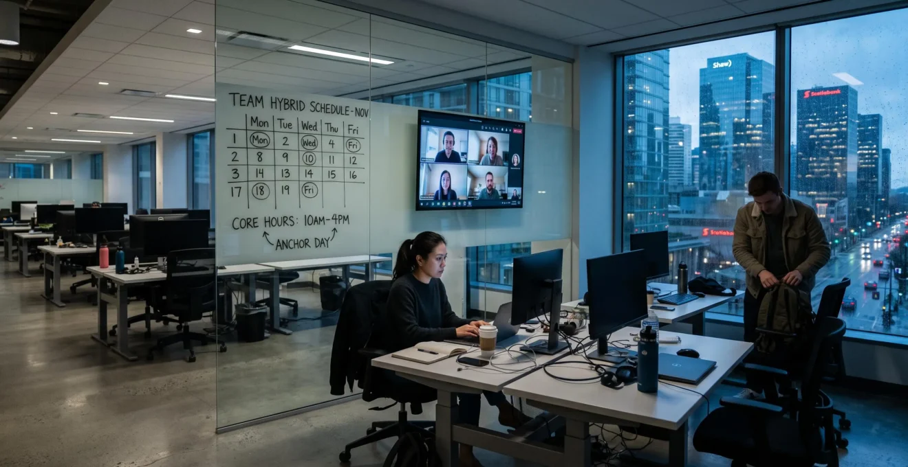 Employees working in a partly occupied Vancouver office in the evening while remote coworkers appear on a wall screen, with a team schedule grid on a glass wall.
