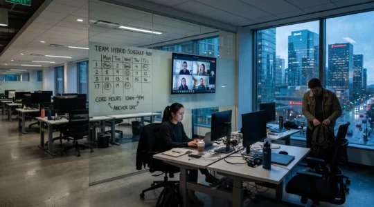 Employees working in a partly occupied Vancouver office in the evening while remote coworkers appear on a wall screen, with a team schedule grid on a glass wall.