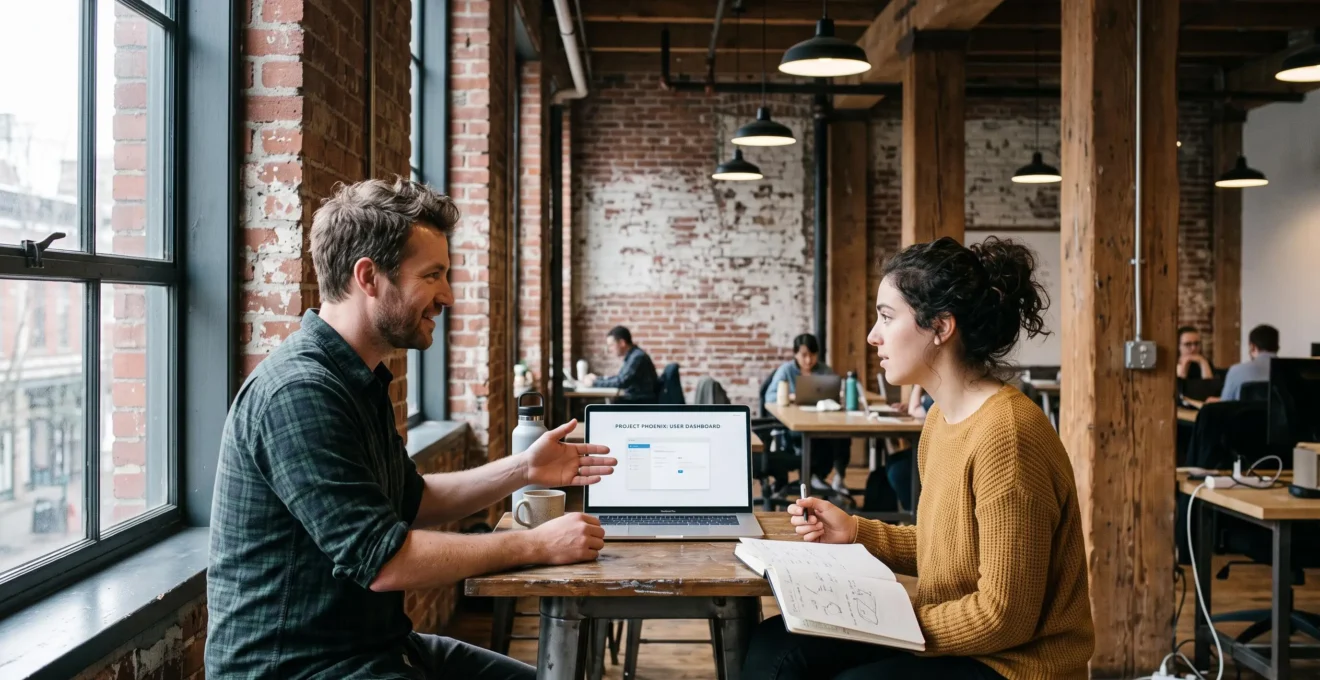A founder and a job seeker talking over laptops and coffee inside a brick-walled incubator workspace in Vancouver.