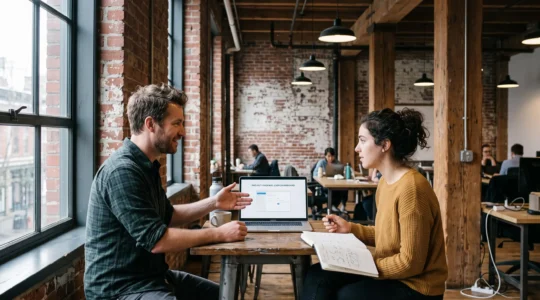 A founder and a job seeker talking over laptops and coffee inside a brick-walled incubator workspace in Vancouver.