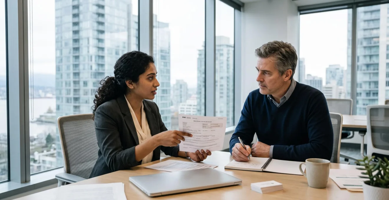 A job candidate in a Vancouver office showing a work permit document to a hiring manager during an interview while explaining their IRCC status.