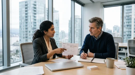A job candidate in a Vancouver office showing a work permit document to a hiring manager during an interview while explaining their IRCC status.