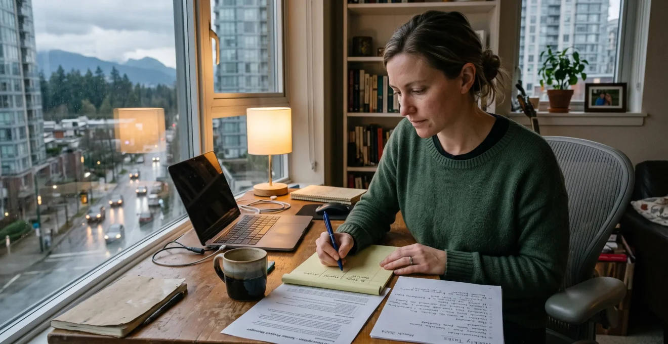A professional in Vancouver compares a printed job description with a handwritten list of weekly tasks while filling a four-column scoring grid on a notepad.
