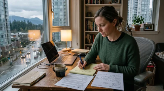 A professional in Vancouver compares a printed job description with a handwritten list of weekly tasks while filling a four-column scoring grid on a notepad.