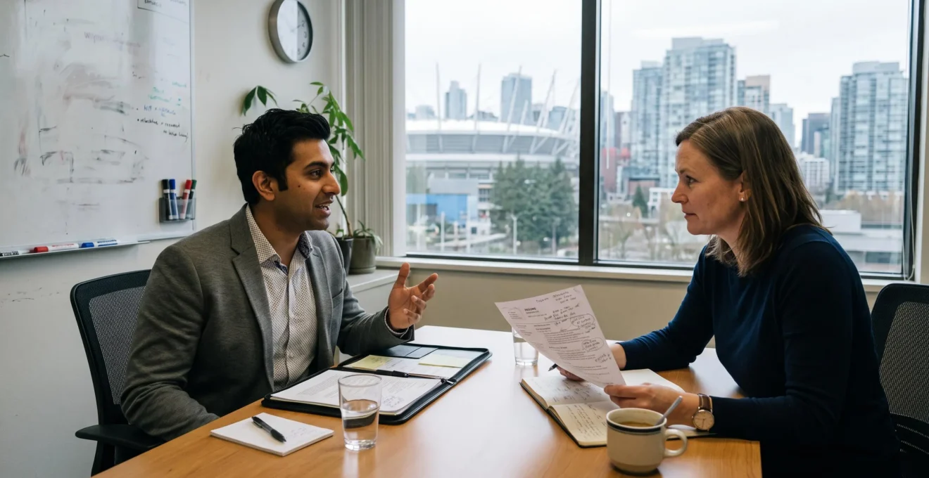 A hiring manager and a skilled immigrant candidate in a real conversation during a job interview in a Vancouver office.