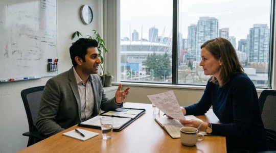 A hiring manager and a skilled immigrant candidate in a real conversation during a job interview in a Vancouver office.