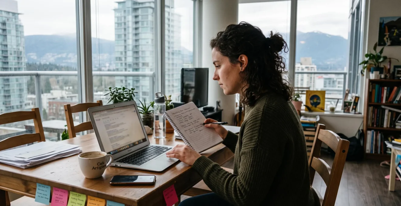 A job seeker in a Vancouver apartment searches on a laptop while checking a handwritten list of recruiter search phrases.