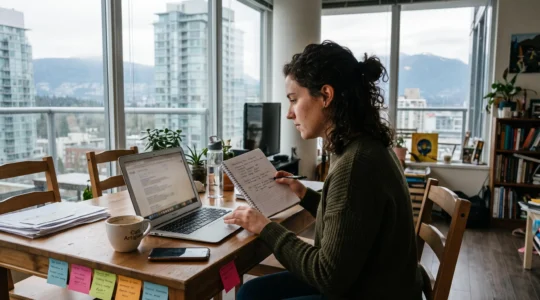 A job seeker in a Vancouver apartment searches on a laptop while checking a handwritten list of recruiter search phrases.
