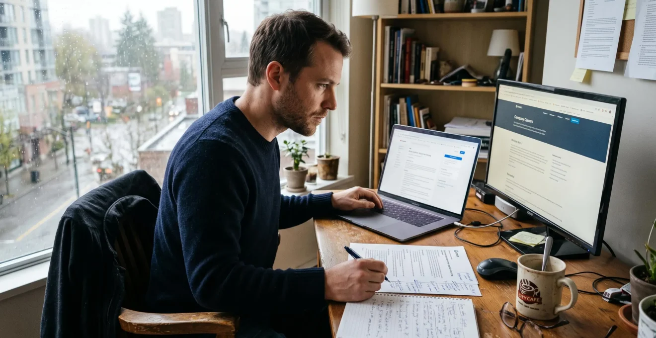 A job seeker at a desk compares a job posting on a laptop with a company careers page on a second monitor, taking notes on a printed listing.
