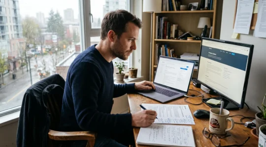 A job seeker at a desk compares a job posting on a laptop with a company careers page on a second monitor, taking notes on a printed listing.