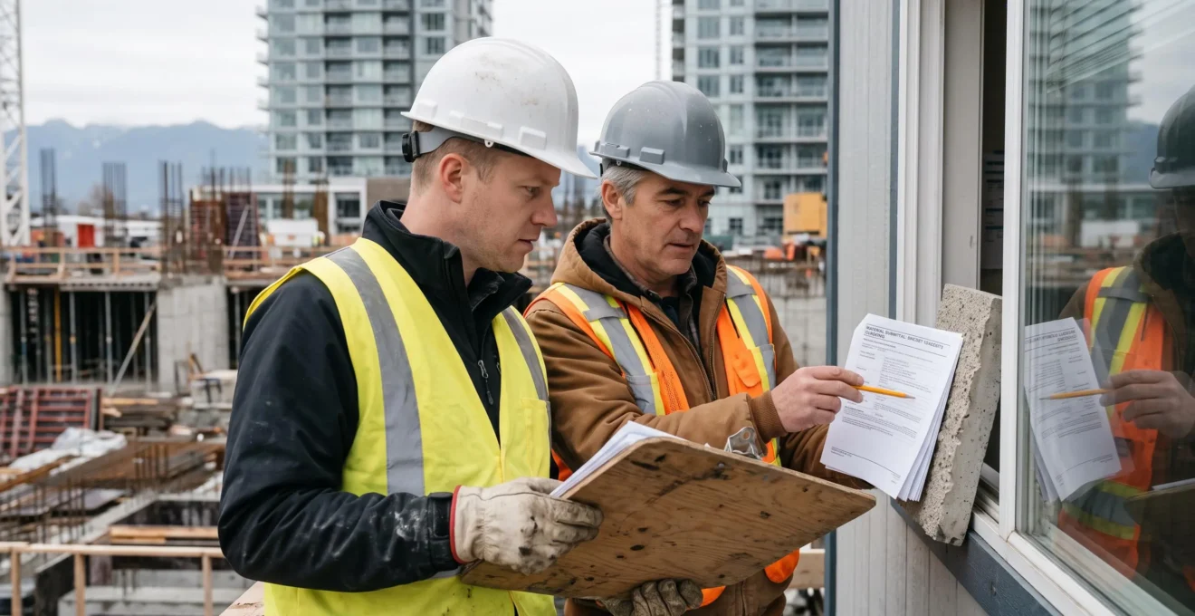 A site coordinator and a foreman review printed material submittal sheets on a construction site in Vancouver.