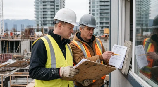 A site coordinator and a foreman review printed material submittal sheets on a construction site in Vancouver.