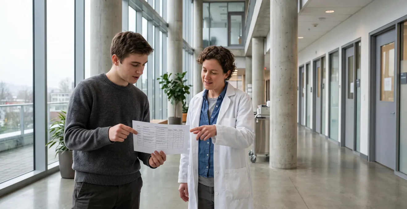 A young graduate and a researcher discuss a printed list of Vancouver life sciences organizations inside a modern research building atrium.