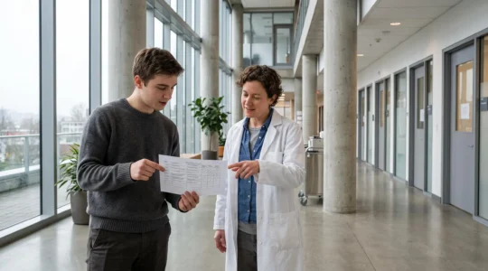 A young graduate and a researcher discuss a printed list of Vancouver life sciences organizations inside a modern research building atrium.