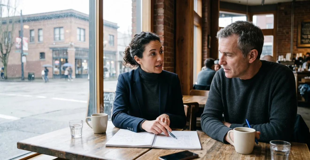 Two professionals in a one-on-one mentorship meeting at a Vancouver coffee shop, reviewing written notes together at a small table.