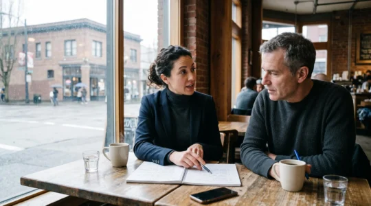 Two professionals in a one-on-one mentorship meeting at a Vancouver coffee shop, reviewing written notes together at a small table.