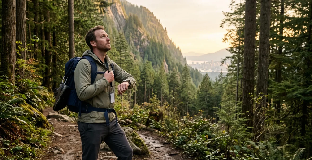A professional with a backpack starts up a forested mountain trail on the edge of Vancouver in late afternoon light.