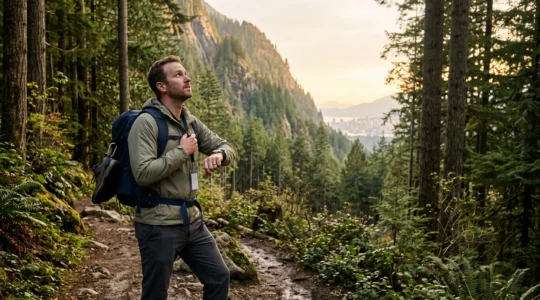 A professional with a backpack starts up a forested mountain trail on the edge of Vancouver in late afternoon light.