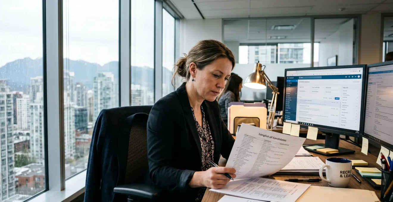 An executive recruiter in a Vancouver search firm reviews a printed candidate long-list at her desk, with a candidate database open on a second screen.