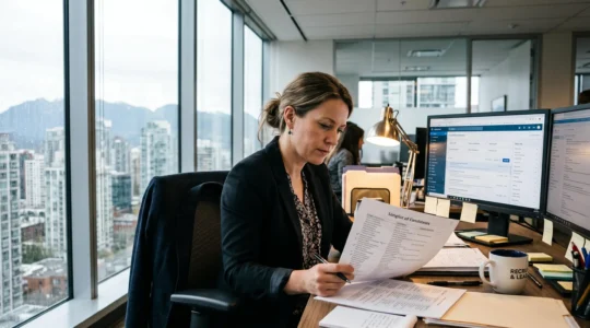 An executive recruiter in a Vancouver search firm reviews a printed candidate long-list at her desk, with a candidate database open on a second screen.