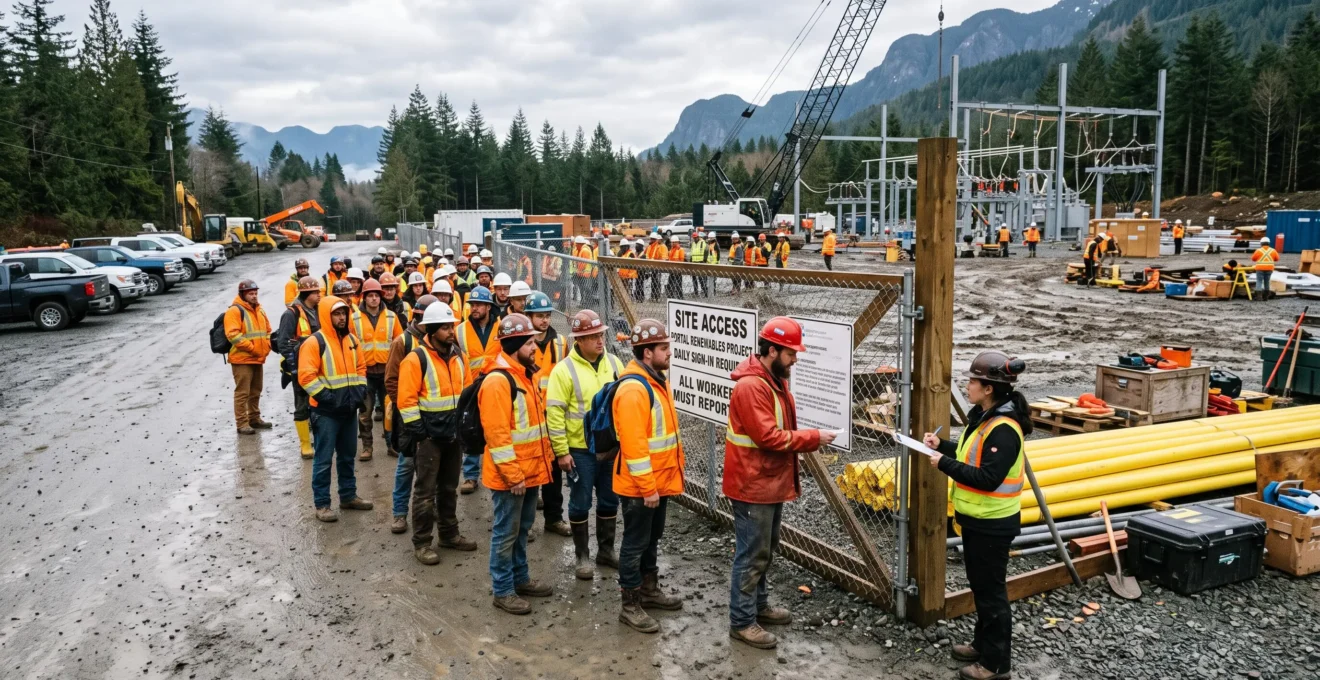 Workers in high-visibility gear queue at the entrance gate of a renewable energy construction site near Vancouver as a coordinator checks them in during a hiring mobilization wave.