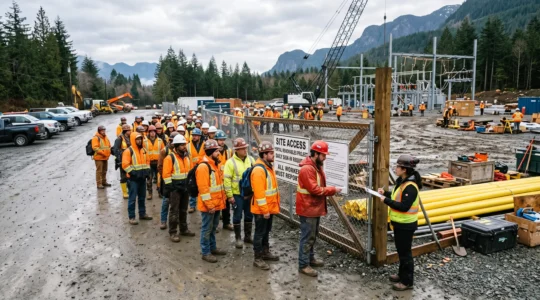 Workers in high-visibility gear queue at the entrance gate of a renewable energy construction site near Vancouver as a coordinator checks them in during a hiring mobilization wave.