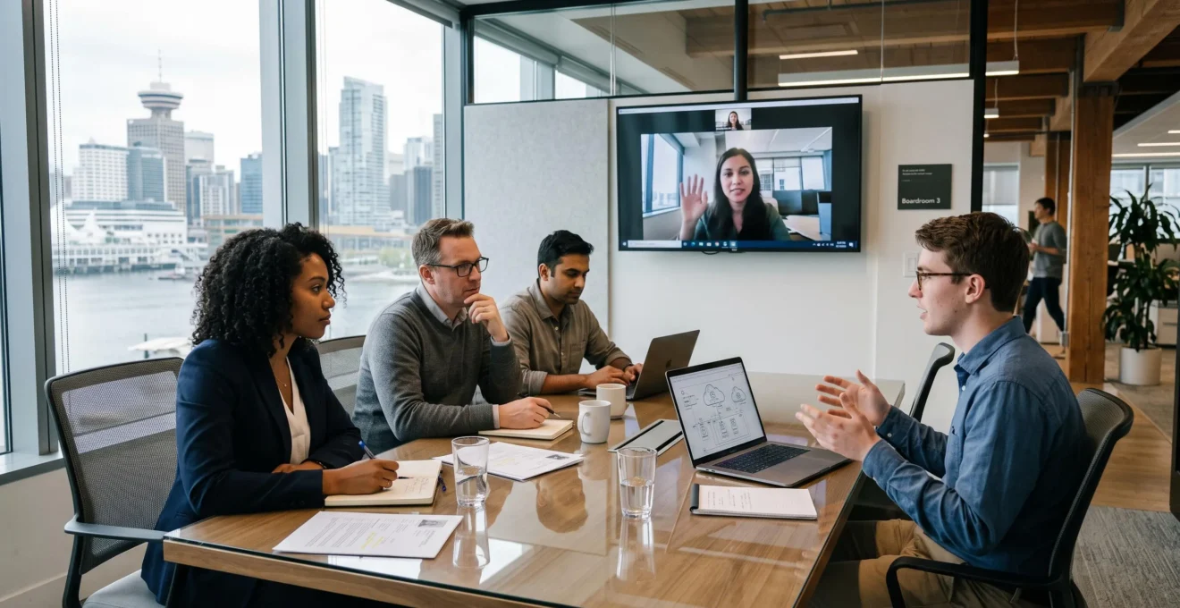 A candidate explains a project on a laptop to a three-person hiring panel in a glass-walled Vancouver office conference room.