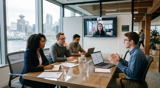 A candidate explains a project on a laptop to a three-person hiring panel in a glass-walled Vancouver office conference room.