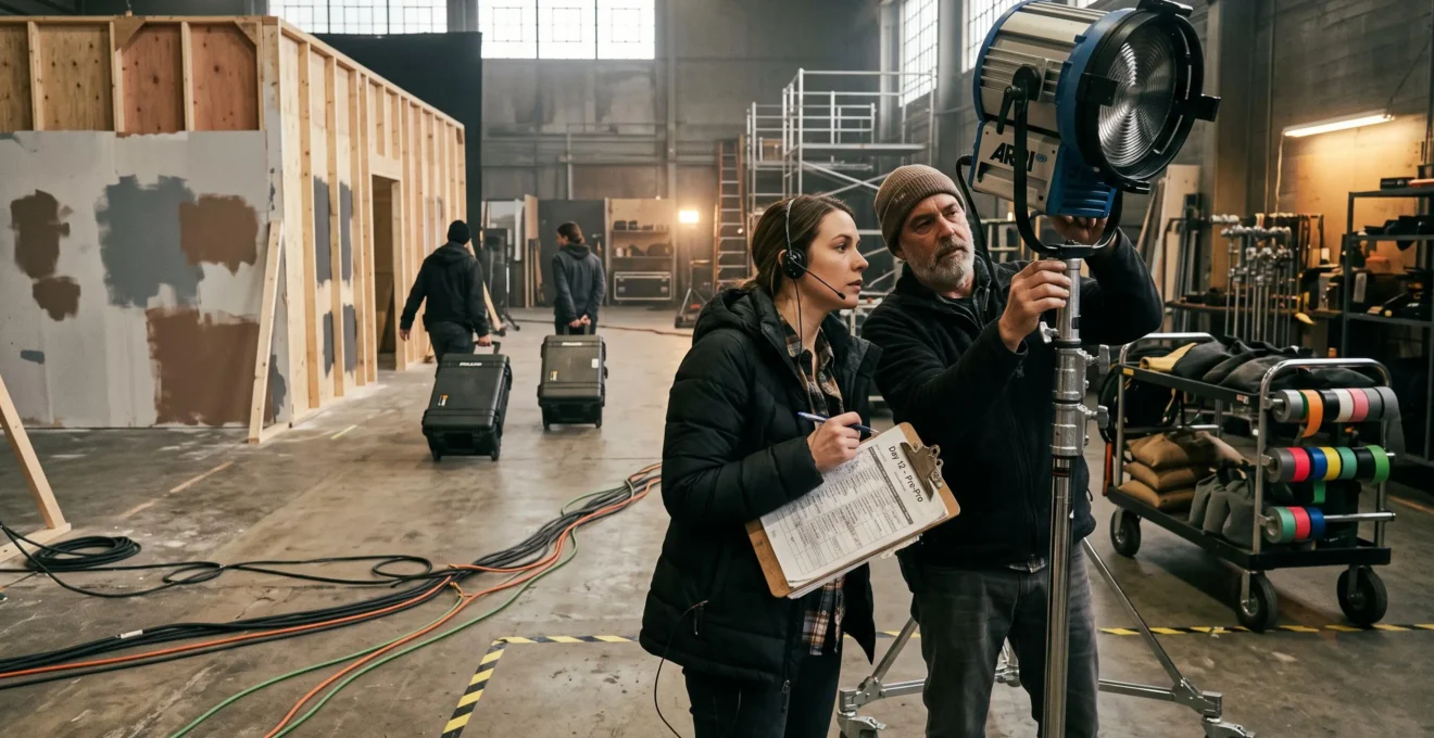 A crewing coordinator with a clipboard and a lighting technician adjusting a cinema light inside a busy Vancouver film production studio.