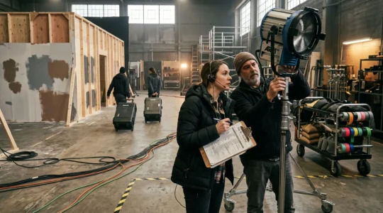 A crewing coordinator with a clipboard and a lighting technician adjusting a cinema light inside a busy Vancouver film production studio.