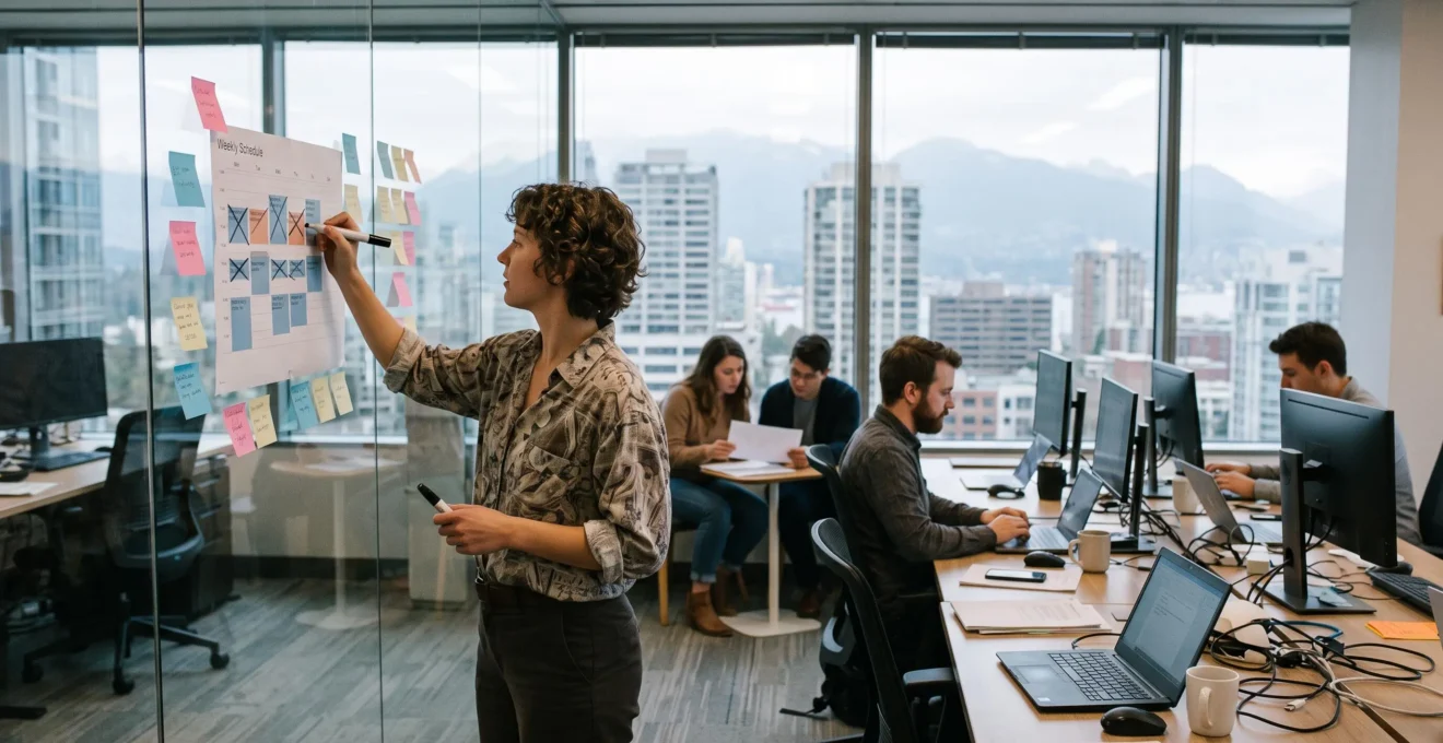 A team lead crosses out meeting blocks on a glass wall schedule while colleagues work quietly in a downtown Vancouver office.