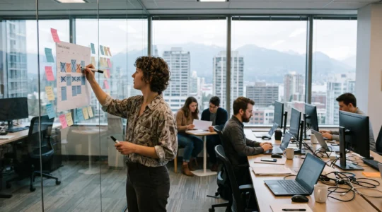 A team lead crosses out meeting blocks on a glass wall schedule while colleagues work quietly in a downtown Vancouver office.
