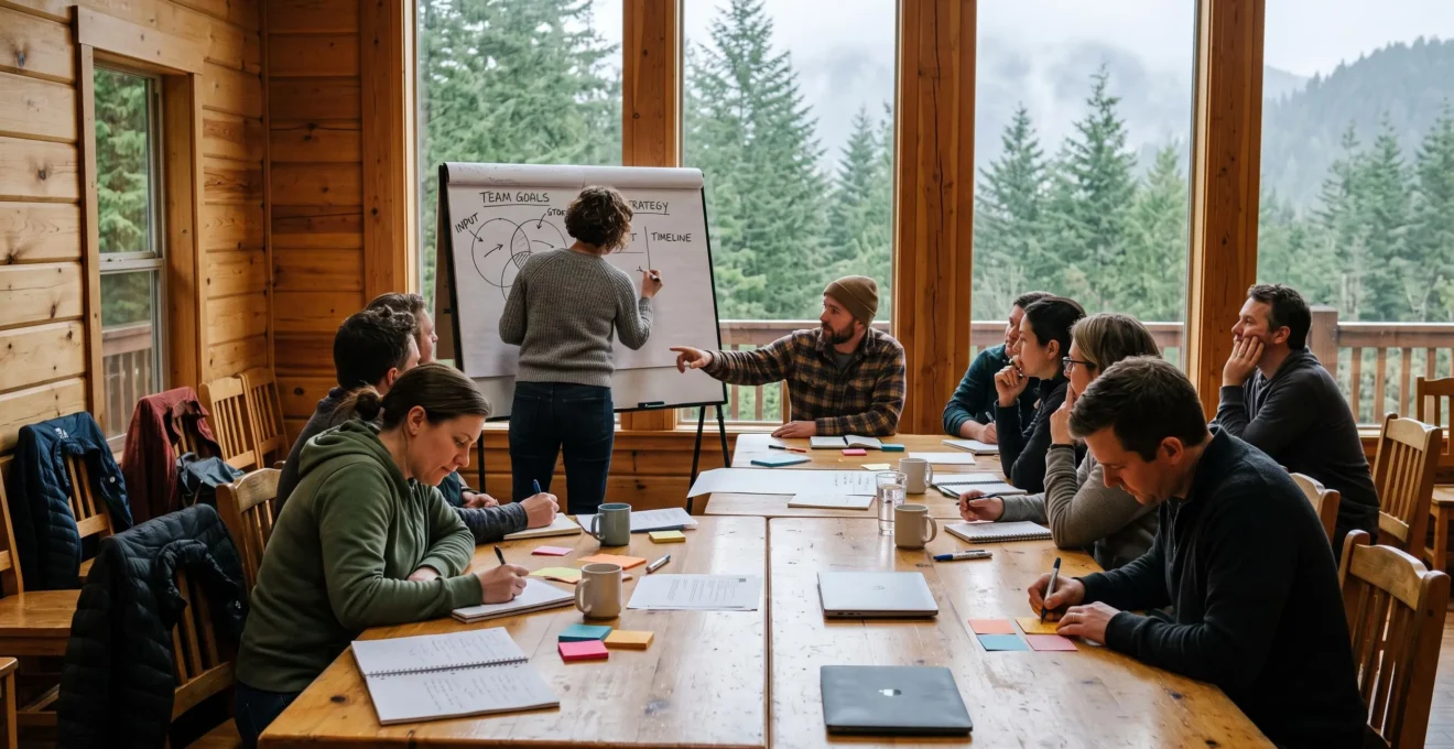 A facilitator draws on a flipchart while a Vancouver team takes notes and writes commitments during a structured retreat session in a lodge with forested mountains outside.