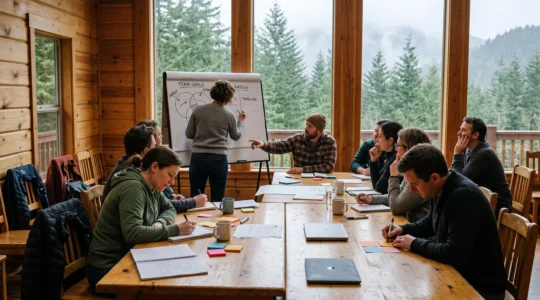 A facilitator draws on a flipchart while a Vancouver team takes notes and writes commitments during a structured retreat session in a lodge with forested mountains outside.