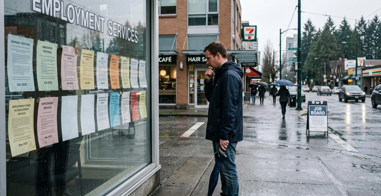 A job seeker reads a row of winter job postings displayed in a storefront window on a rainy Vancouver street.