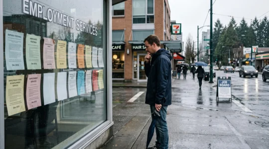 A job seeker reads a row of winter job postings displayed in a storefront window on a rainy Vancouver street.