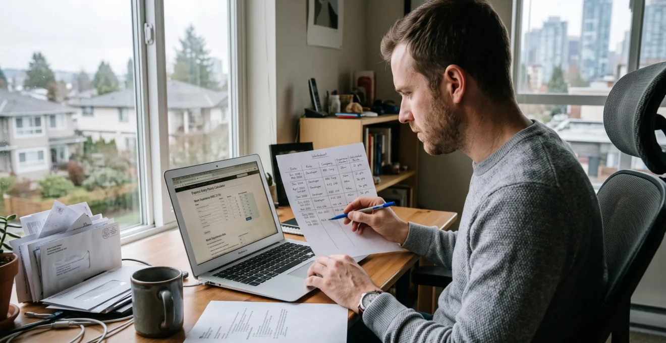 A skilled worker at a Vancouver apartment desk cross-checks a handwritten worksheet against an online points calculator on his laptop.