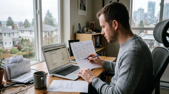 A skilled worker at a Vancouver apartment desk cross-checks a handwritten worksheet against an online points calculator on his laptop.