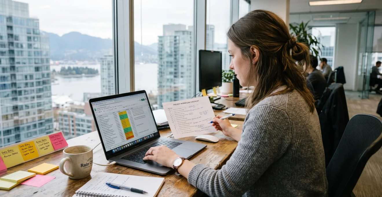 A professional in a Vancouver office builds a workflow tracker on a laptop beside a hand-annotated process checklist.