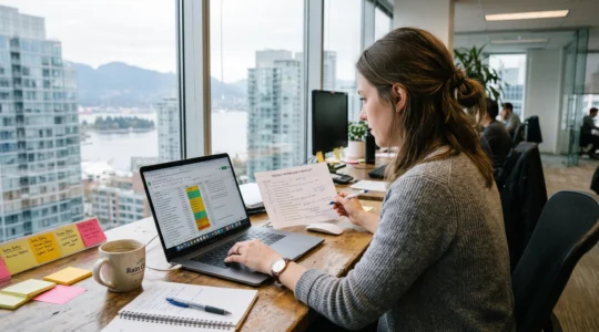 A professional in a Vancouver office builds a workflow tracker on a laptop beside a hand-annotated process checklist.