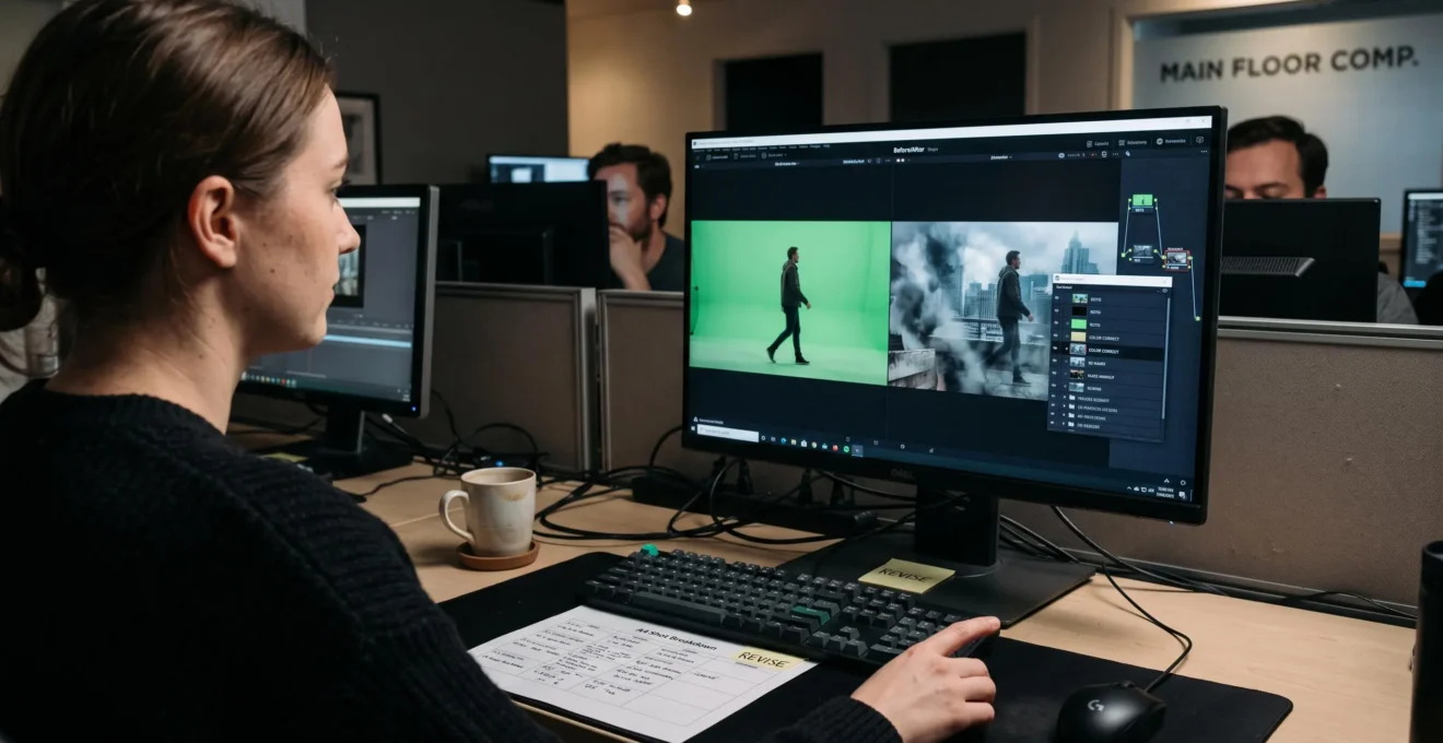 A VFX compositor reviews a showreel with before-and-after shot comparisons on a studio monitor in a dimly lit post-production workspace.
