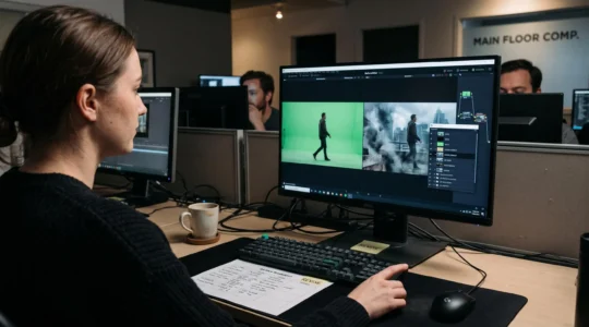 A VFX compositor reviews a showreel with before-and-after shot comparisons on a studio monitor in a dimly lit post-production workspace.