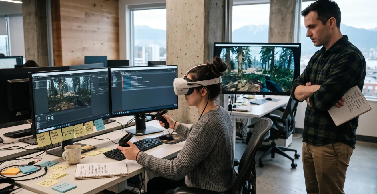 A candidate wearing a VR headset tests a playable demo at a workstation while a reviewer watches the mirrored gameplay on a screen in a game studio.
