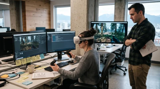 A candidate wearing a VR headset tests a playable demo at a workstation while a reviewer watches the mirrored gameplay on a screen in a game studio.